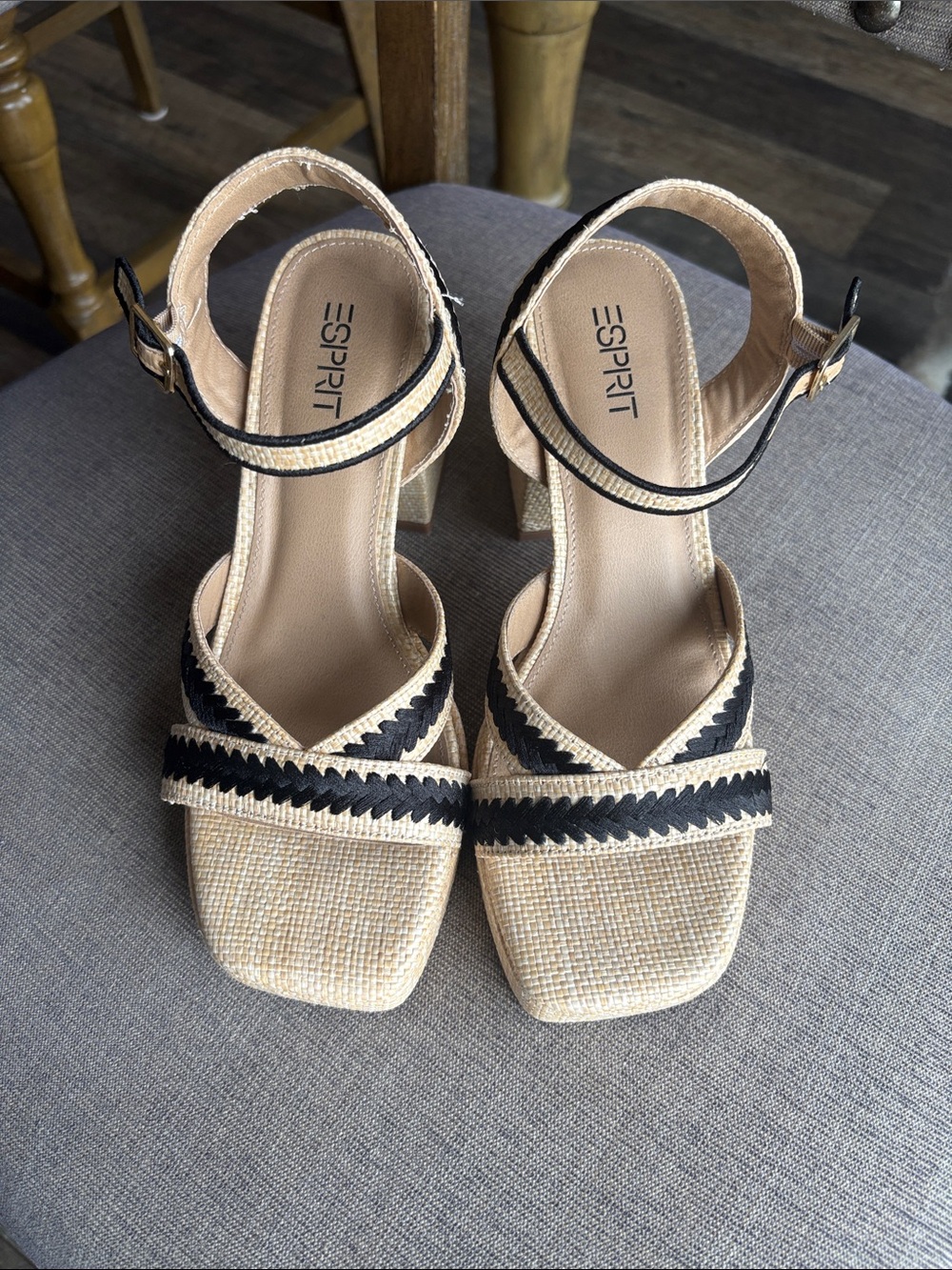 Esprit Beige and Black Woven Block Heel Sandals